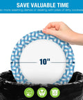 Hand holding a 10-inch paper plate with blue rim over a trash bin, highlighting heavy duty 10 inch paper plates bulk pack.