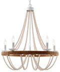 Wood Beaded Chandelier 5 Light Boho Candle Pendant Light For Living Room Dining Room Kitchen Foyer E12 Dimmable Socket French Country Farmhouse Bohemia Distressed White 26 Inch Diameter