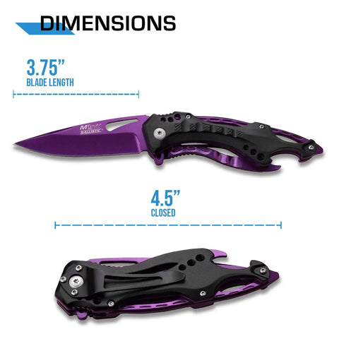 Folding Knife With Three Point Seven Five Inch Half Serrated Blade Titanium Coating Glass Breaker And Pocket Clip Purple Handle