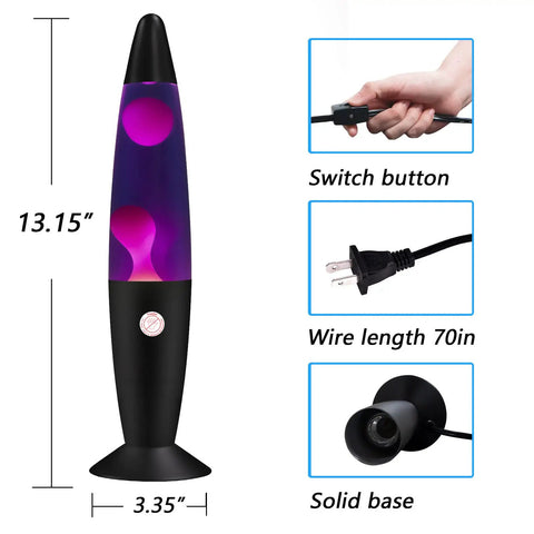 Purple Liquid Motion Lamp For Adults And Kids Magma Motion Lamp With White Wax Flows Glass Nightlight For Home Decor Christmas Thanksgiving Vibe Black Base showing dimensions and features