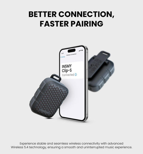Wearable Clip On Bluetooth Speaker IP67 Waterproof Lightweight Portable Personal Hands Free Speaker With Wireless Stereo Pair ENC Mic Non Magnetic Black For Golf Work Pool And Outdoor Adventures next to smartphone