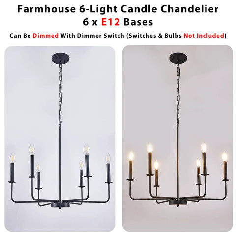 Six Light Black Farmhouse Chandelier With Modern Pendant Design For Dining Room Kitchen Island Entryway Living Room Rustic Industrial Candle Style Ceiling Light