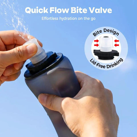 Hands using Collapsible Silicone Handheld Water Bottle With Ergonomic Strap 350ml Blue Hydration Flask For Running On-The-Go