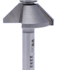 Carbide Tipped Chamfer Router Bit 45 Degree Bevel with Quarter Inch Shank Seven Sixteenths Cutting Length Five Sixteenths Cutting Height.