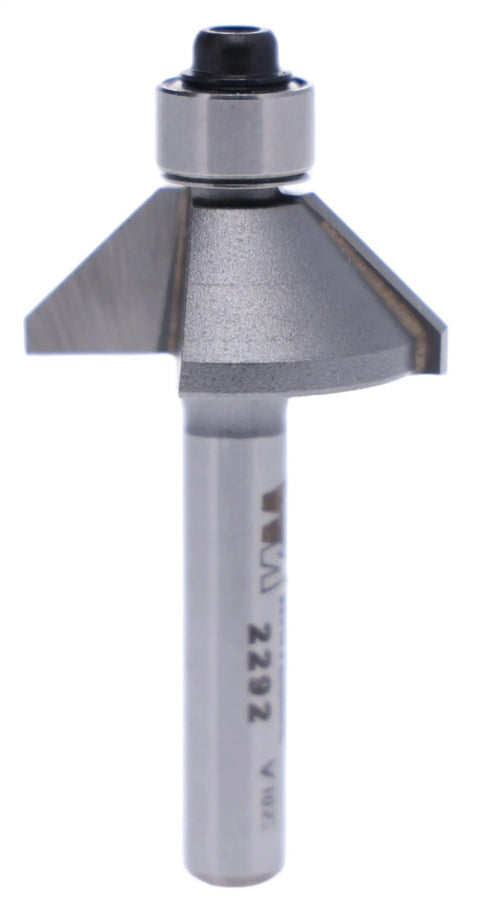 Carbide Tipped Chamfer Router Bit 45 Degree Bevel with Quarter Inch Shank Seven Sixteenths Cutting Length Five Sixteenths Cutting Height.
