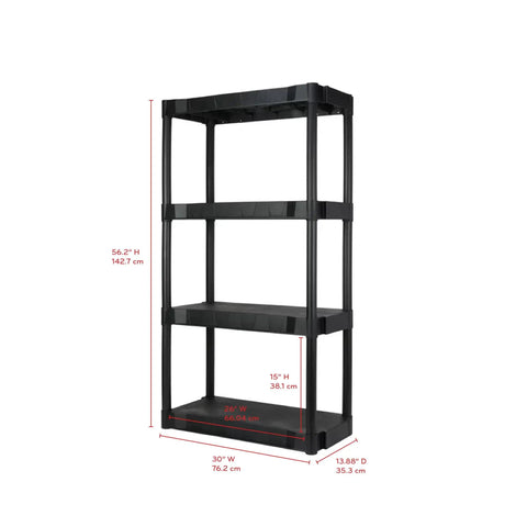 Heavy Duty Four Tier Plastic Storage Shelving Unit In Black, 13.9 Deep By 30 Wide By 56.2 High, Durable PP Rack for multiple uses