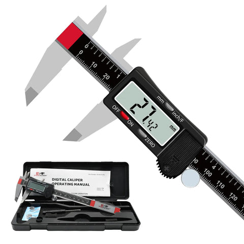 Six Inch Digital Caliper With Stainless Steel Body, clear LCD, auto-off; includes case and manual for precise measurements