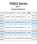 FSD22 Series product model list for High Precision Laser Displacement Sensor With 200 Millimeter Range featuring specifications.