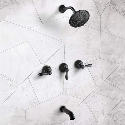 Matte Black 3 Handle Tub And Shower Faucet Set With 6 Spray Shower Head Solid Brass High Flow Waterfall Tub Filler Spout And Trim Kit