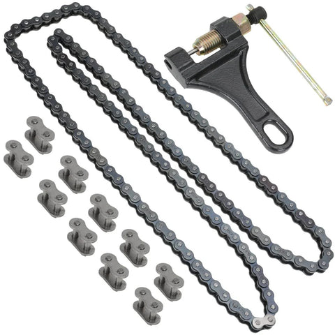YOXUFA 420 motorcycle chain (132 links) with chain breaker tool; black metal, includes connector pins