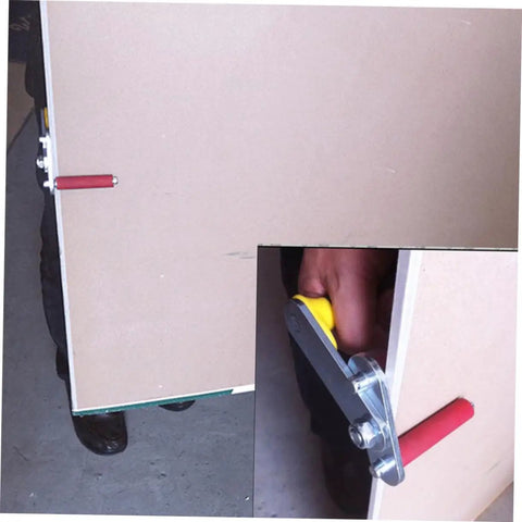 Portable Gypsum Board Lifter Set With Adjustable Angle Grip For Hassle Free Drywall And Ceramic Tile Transport Labor Saving Lightweight Carry Tool No Sweat Material Handling close-up showing grip mechanism on drywall panel.