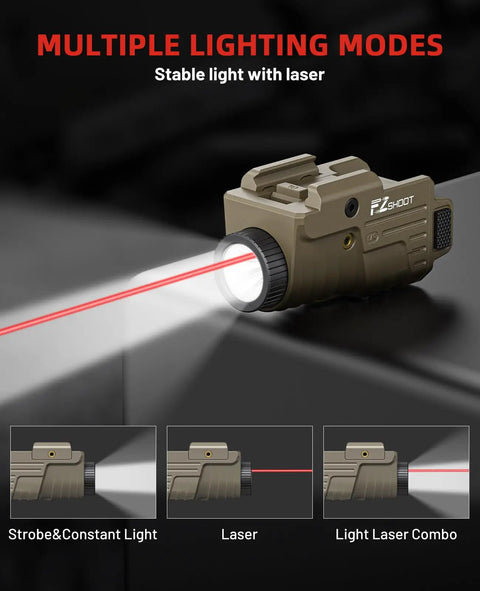 Beefed Up 800 Lumen Pistol Light With Red Laser USB Rechargeable Slidable Rail Mount Tactical Desert Tan Handgun Flashlight