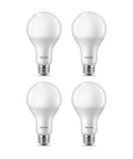 Frosted LED A21 Bulbs With Flicker Free Dimming And Eye Comfort Technology For A Cozy Glow, 2610 Lumens, 4-pack on white background.
