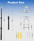 Product size dimensions of Beefy Attic Pull Down System Kit With Adjustable 17 To 36 Inch Range, showing hooks, handles, and hardware