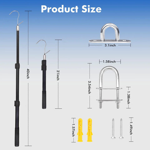 Product size dimensions of Beefy Attic Pull Down System Kit With Adjustable 17 To 36 Inch Range, showing hooks, handles, and hardware