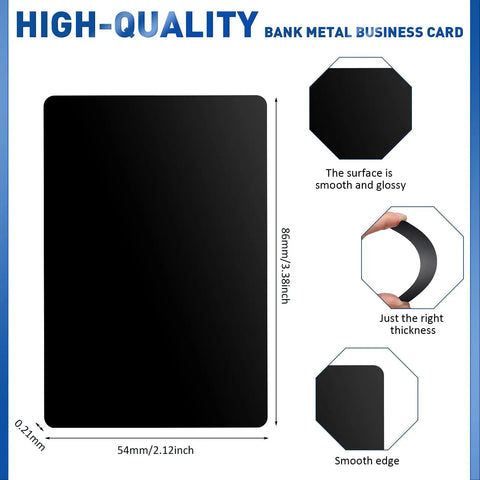 Diagram of 300 Piece Aluminum Engraving Blanks Set For DIY Cards And Projects, 86x54 mm, 0.21 mm thick, black finish, showing features.
