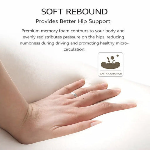 Close-up of hand on soft memory foam highlighting support for hips, part of Elevate Your Ride With This Memory Foam Height Enhancing Car Seat Cushion.