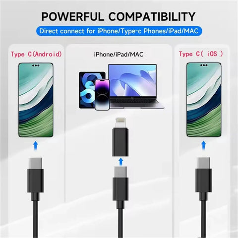 Straight Up Crisp 960P Industrial Endoscope Camera And Ten Meter Flexible Borescope With Dual Port Type C Plug connections for various devices.