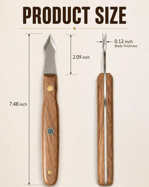 Straight Shooter High Carbon Steel Wood Marking Knife For Dead On Precision Scoring, showing size dimensions and blade thickness.