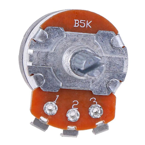 Close-up of a Five Pack 5K Ohm Rotary Potentiometer With Switch, showing 5 pins and alloy knob for DIY electronics.