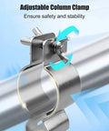 Close-up of heavy-duty steel adjustable pipe and drape clamp for party decor, showing rust-resistant design and stability features.
