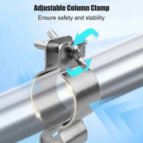 Close-up of heavy-duty steel adjustable pipe and drape clamp for party decor, showing rust-resistant design and stability features.