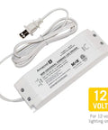 Universal Dimmable 24 Watt 12V DC LED Driver With Triac Dimming for LED strips, modules, light bars, puck lights, shown with plug