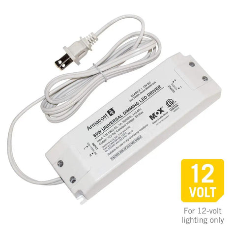 Universal Dimmable 24 Watt 12V DC LED Driver With Triac Dimming for LED strips, modules, light bars, puck lights, shown with plug