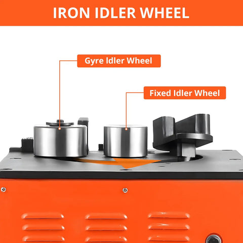 Heavy Duty 1600W Electric Rebar Bender Machine For 1 Inch Steel Rods showing iron idler wheels labeled gyre and fixed.