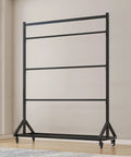 Adjustable Heavy Duty Steel Scarf Rack For Closets Featuring Triple Rod Design Hangs Heavy Blankets Andquilts Black Powder Coated Metal Organizer on wheels.