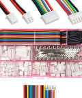 JST 2.54mm Pin Header Connector Kit with ribbon cables, heat shrink tubing, 2P-8P housings, 20-wire cable for DIY projects.