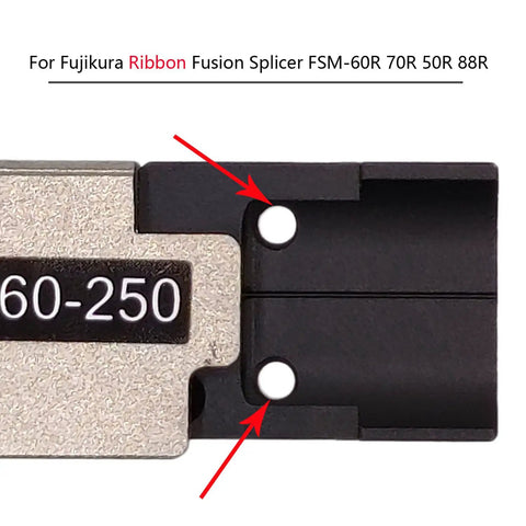 Close-up of Top Shelf Fiber Holder Sheath Clamps And Chucking Jigs FH-60-250 1 Pair for Fujikura splicers showing mounting holes.