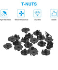 Fifty Piece 8-32 T Nuts Set Featuring Zinc Plated Carbon Steel Construction With Three Pronged Tee Nut Design For Hella Secure Bouldering Holds And Professional Woodworking Projects In Sleek Black Finish - Close-up of tee nuts.