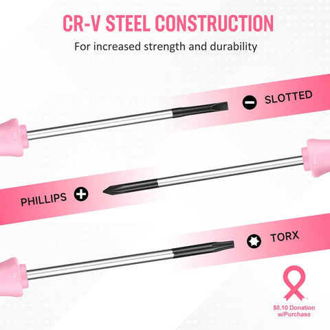 Slick 10 Piece Precision Screwdriver Set With Ergonomic Comfort Grip And Sturdy Pink Pouch For Electronics Repair with CR-V steel construction.