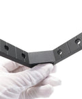10 Pack 78x78mm 2020 Aluminum T Slot Corner Brackets Set held in gloved hand, showing 90-degree angle, black finish.