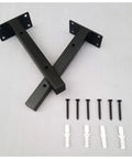 Tough As Nails Dual Pack Wall Mounted Floating Shelf Brackets In Industrial Black with screws and wall anchors for installation.
