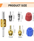 17-Piece Car AC Valve Core Kit For R12 R22 R134a Systems With size details of removal tool, valve cores, and caps