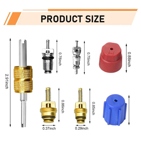 17-Piece Car AC Valve Core Kit For R12 R22 R134a Systems With size details of removal tool, valve cores, and caps