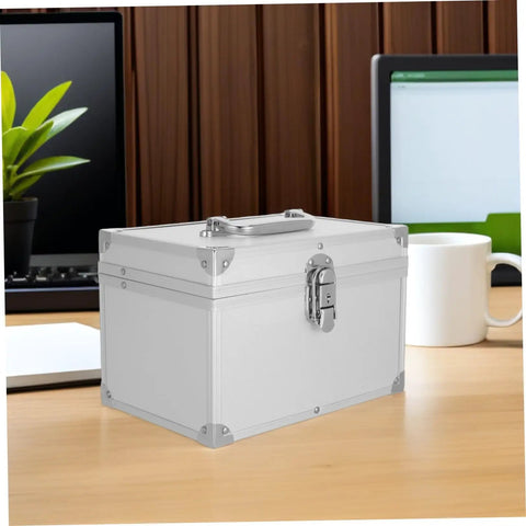 Lockable Aluminum Tool Box With Handle Beefed Up Heavy Duty Impact Resistant Double Layer Storage Case on desk