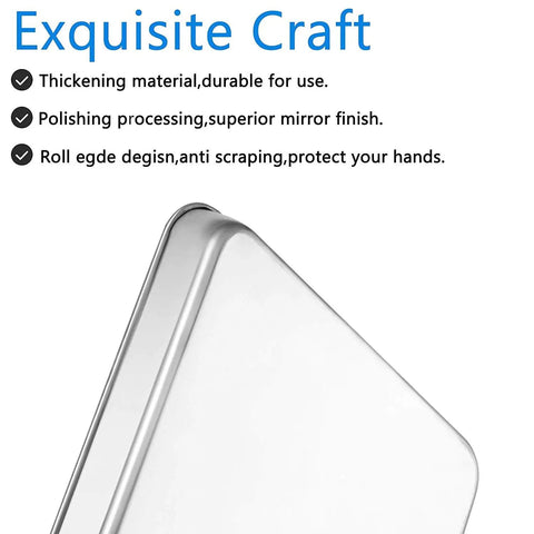 Close-up of 18 Inch Stainless Steel Baking Sheets Set Of 2 with rolled edge and mirror finish details, non toxic, rust resistant.