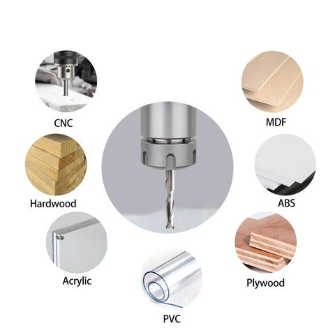 Premium Heavy Duty CNC Router Bits Featuring 1/8 Inch Shank Solid Carbide End Mills With Slick Flat Nose Upcut Spiral Design For Dead Straight Precision Cutting Through Wood MDF PVC And Acrylic Knockout 5 Piece Kit with CNC router bit and material samples.
