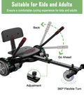 Go Kart Style Scooter Seat Attachment with LED lights, adjustable length, showing handles, adjustment knob, wheels, and seat