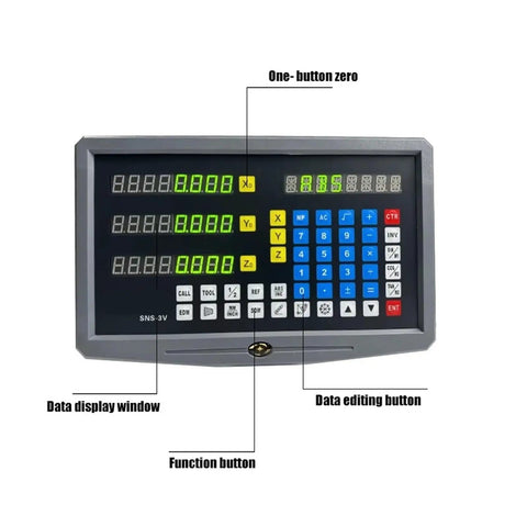 Front view of Three Axis Digital Readout DRO For Milling Lathe Turning Grinder EDM With SNS-3V Panel and function buttons