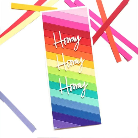 Strip Frame Metal Die Cut Set For Scrapbooking And Card Making displayed with colorful paper strips and 'Hooray' text.