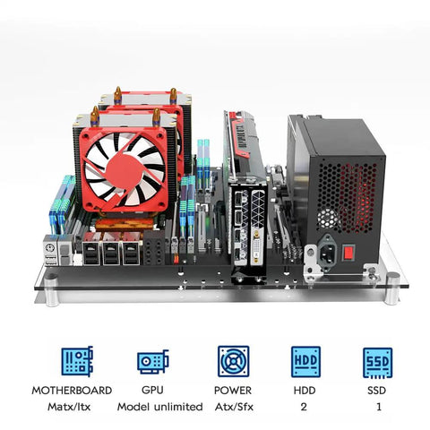 DIY Acrylic Open Frame PC Case For MATX ITX Motherboards Gaming And Test Bench Rack with components installed