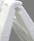 Close-up of the hinge on a white Signicade Deluxe A Frame Double Sided Folding Sidewalk Sign With Quick Change System Durable Portable Curb Display For Outdoor Use All Weather Ready Black Ideal For Restaurants Events Shopping Malls.