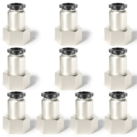 Pack of 10 straight push to connect pneumatic fittings 1/4 inch tube OD to 1/4 inch female NPT thread copper and plastic.