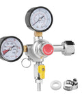 Front view of a double-gauge CO2 regulator for draft beer with 0-60 psi gauges, brass/chrome body, CGA320 connector.