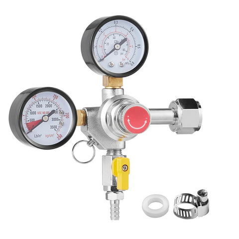 Front view of a double-gauge CO2 regulator for draft beer with 0-60 psi gauges, brass/chrome body, CGA320 connector.