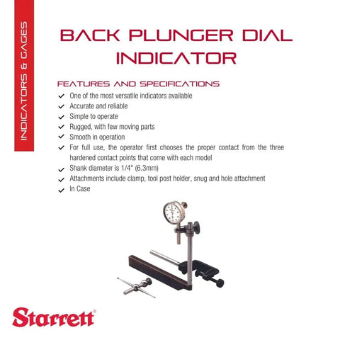 Universal Dial Test Indicator Set With Back Plunger And White Dial Face For Easy Reading 0 To 100 Reading 0 Point 2 Inch Range 0 Point 001 Graduation One Quarter Inch Shank Diameter For Mounting Shop Ready For Machining And Measuring